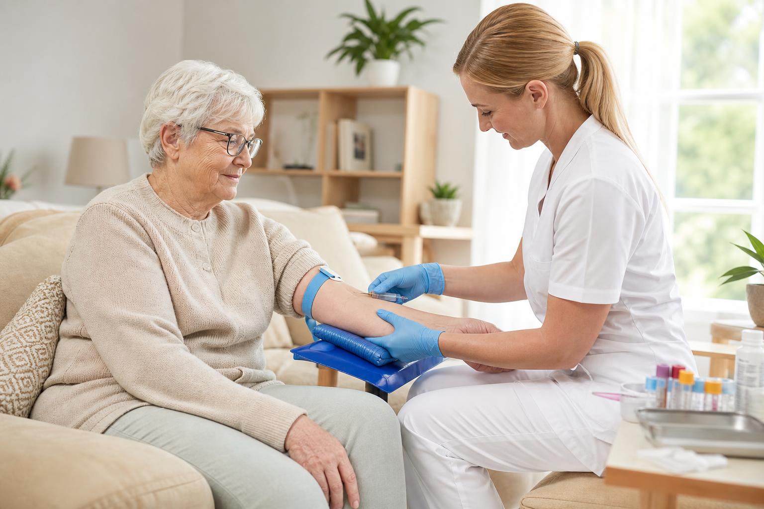 A phlebotomist attending to a resident in a bright, modern assisted living suite.